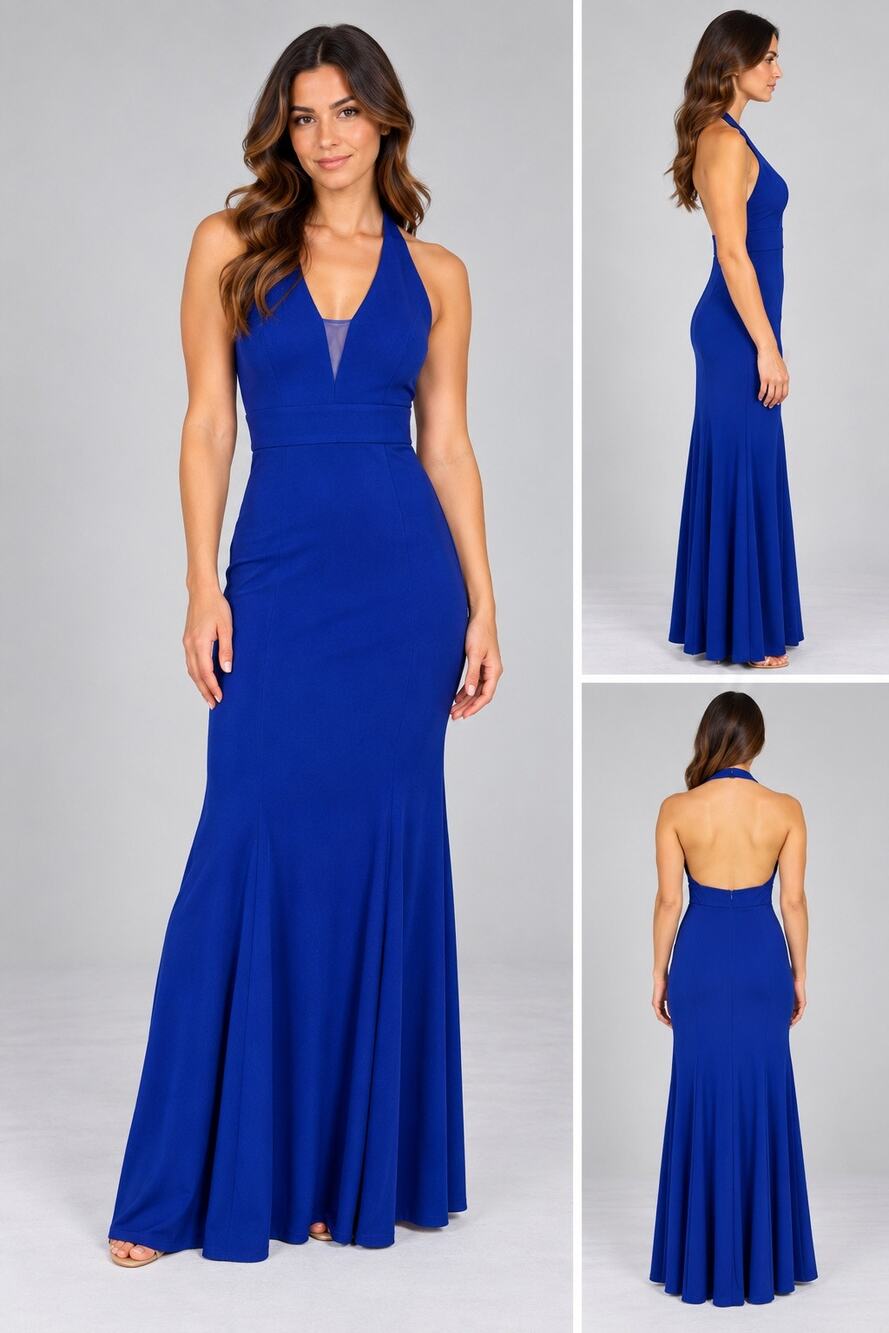 Morgan & Co Womens Formal Dress Halter Top Backless Maxi Prom Royal Blue Size 1